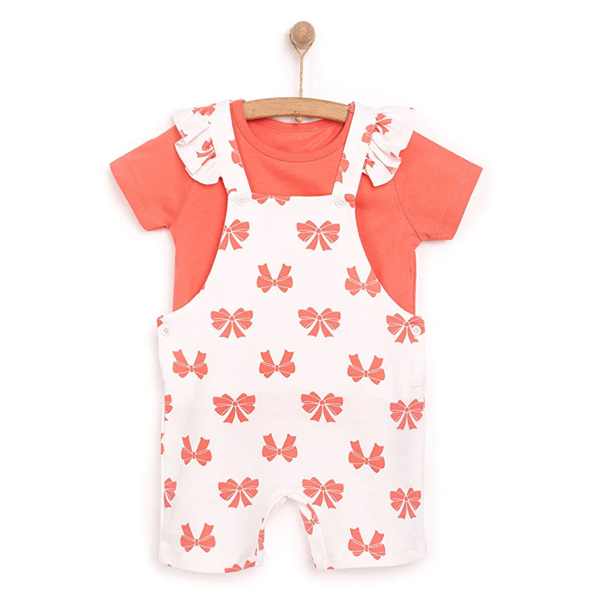 HelloBaby Kız Bebek Basic Şort Salopet-Tişört 2li Takım Bisiklet Yaka Reçme Paça Kısa Kol Ekru