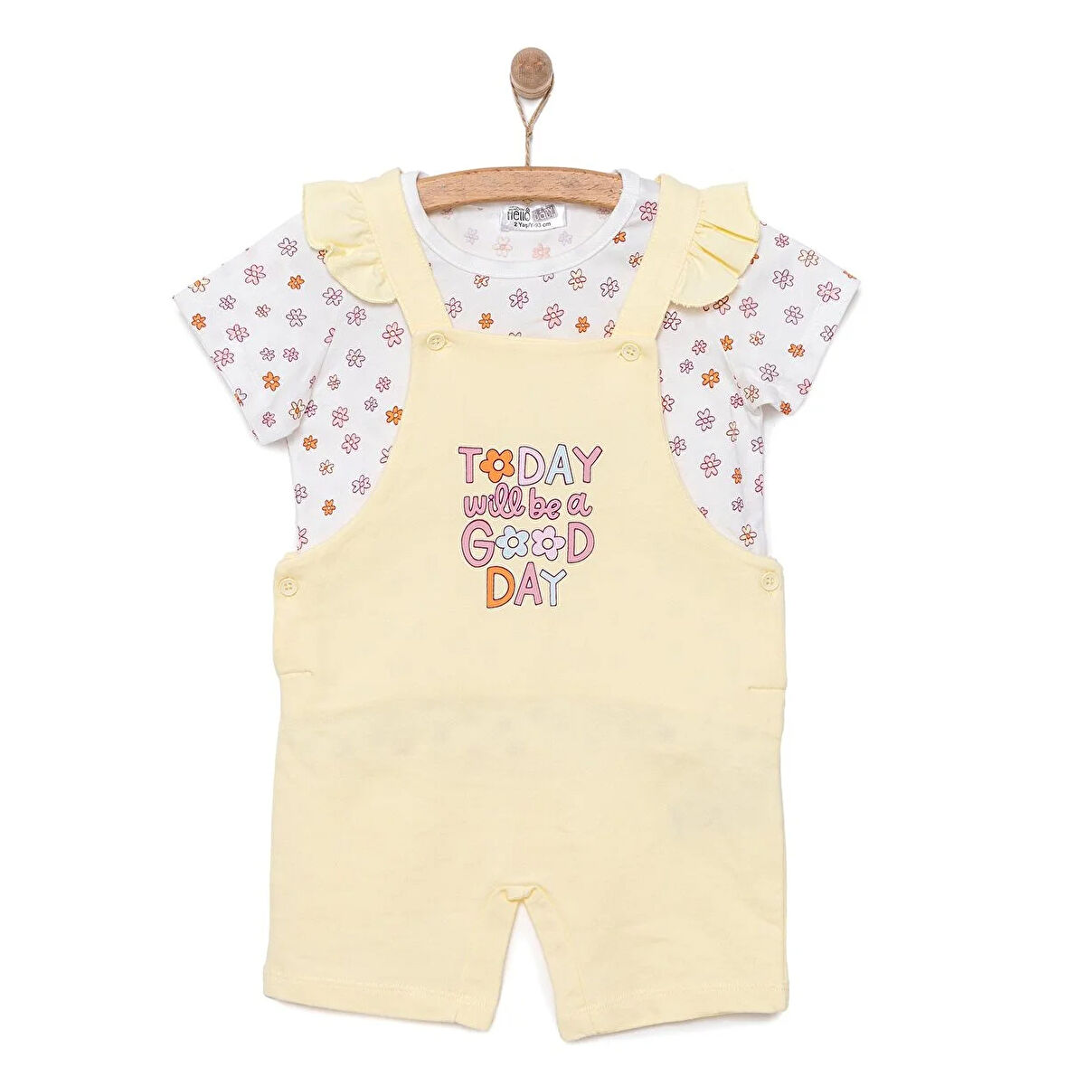 HelloBaby Kız Bebek Basic Şort Salopet-Tişört 2li Takım Good Day Desenli Bisiklet Yaka Reçme Paça Kısa Kol Sarı