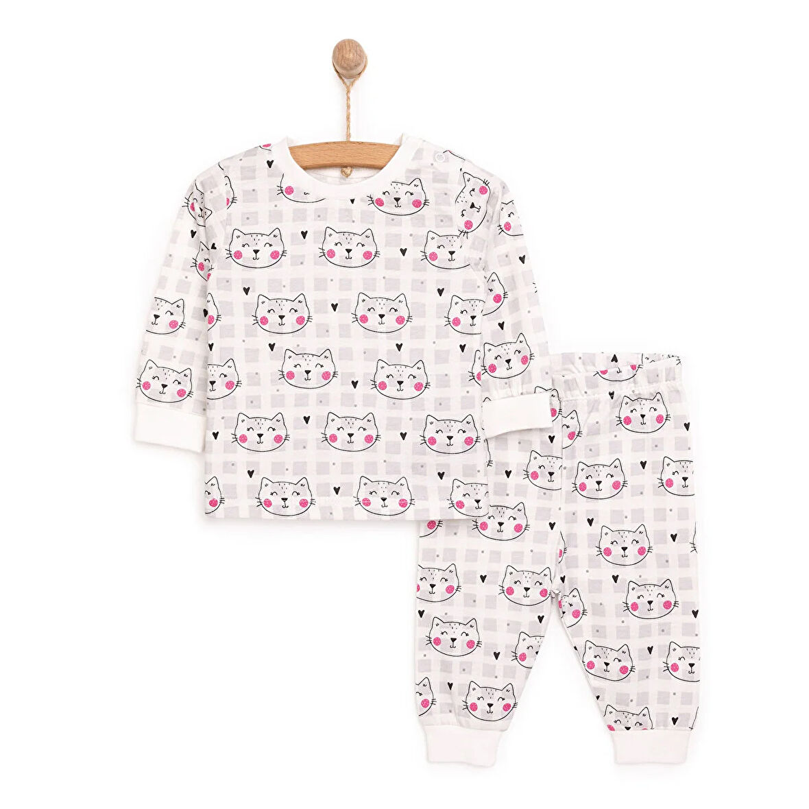HelloBaby Kız Kedi Desenli Uzun Kol Pijama Takımı