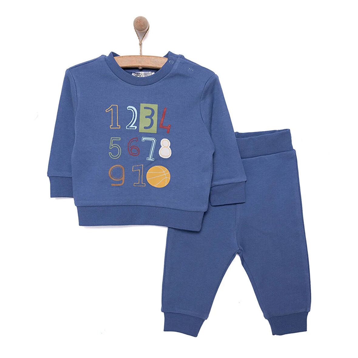 HelloBaby Erkek Bebek Basic Eşofman Takımı İnterlok Bisiklet Yaka Ribanalı Paça Uzun Kol Koyu Mavi