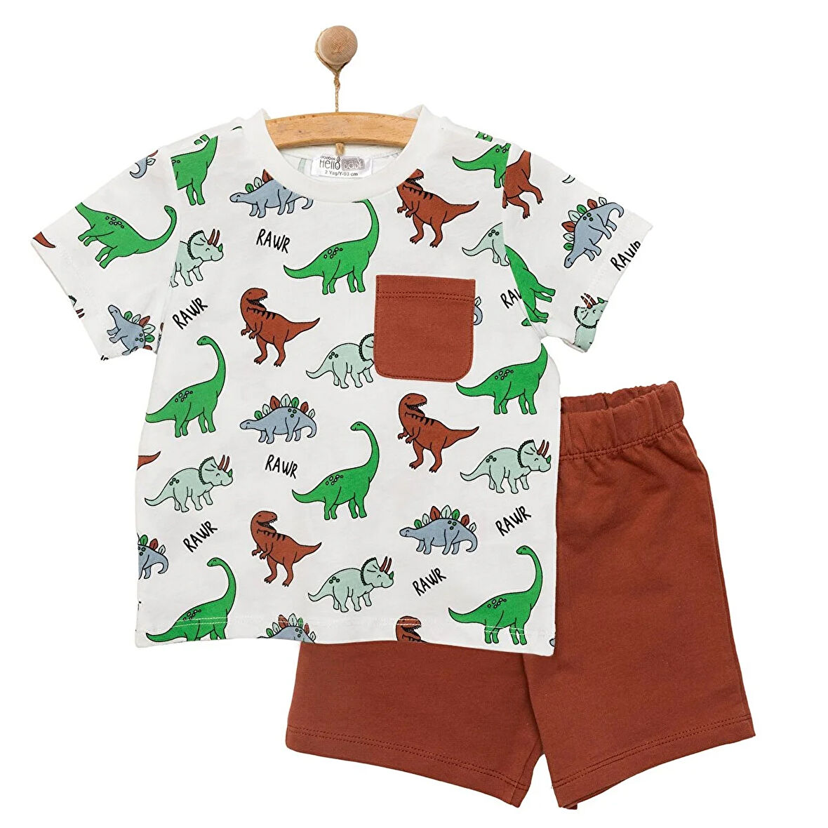 HelloBaby Erkek Bebek Basic Tişört-Şort 2li Takım Dinozor Desenli Bisiklet Yaka Reçme Paça Kısa Kol Kahverengi