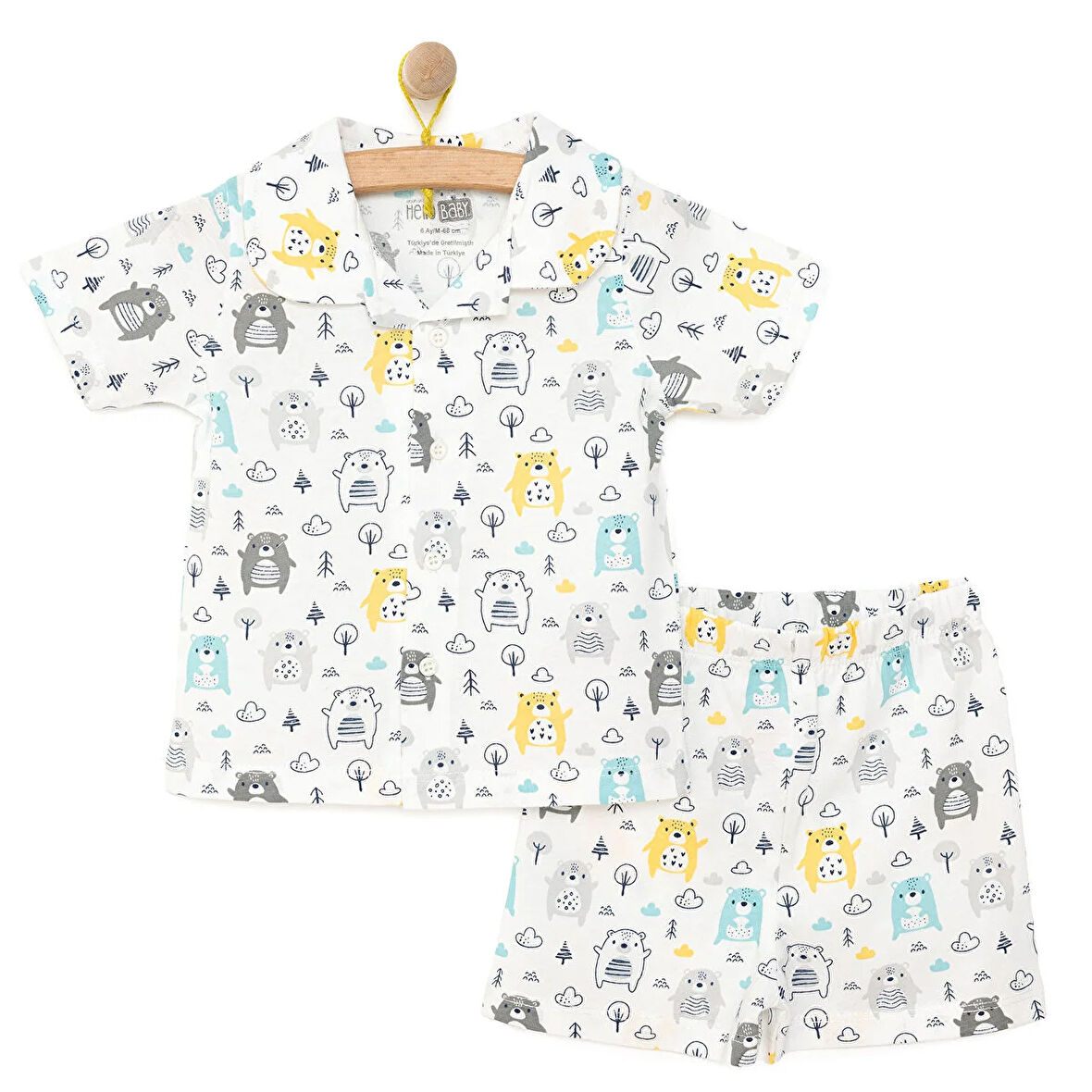 HelloBaby Erkek Bebek Pijama Takım Düğmeli Kapüşonlu Yaka Kısa Kol