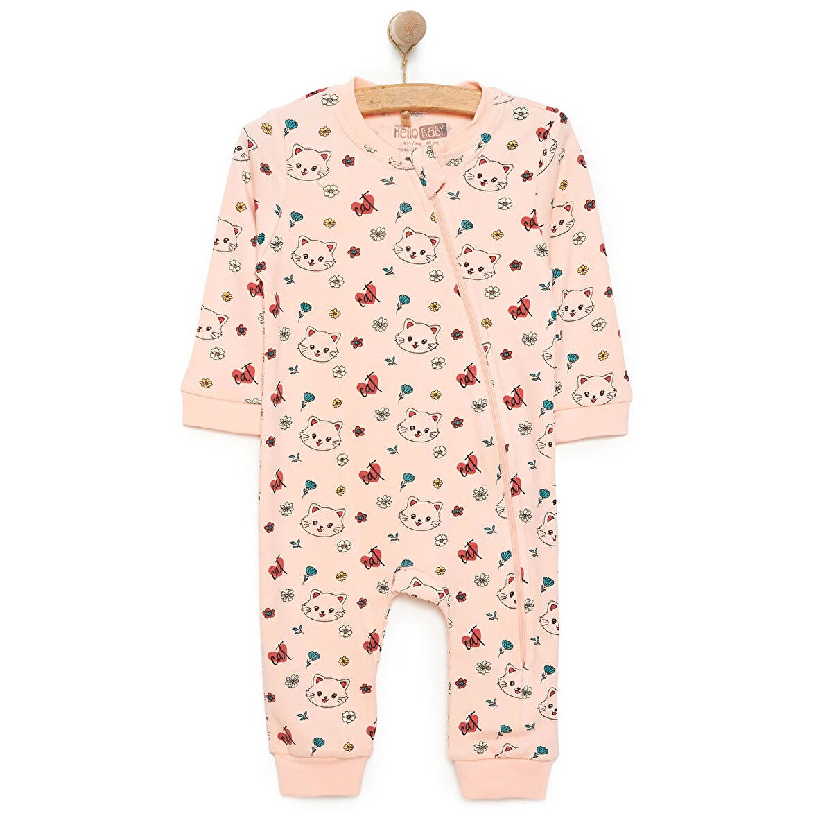 HelloBaby Kız Kedi Desenli Fermuarlı Patiksiz Tulum