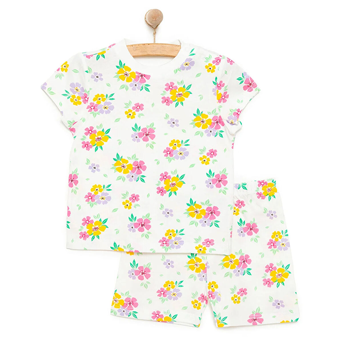 HelloBaby Kısa Kol Çiçek Desenli Bisiklet Yaka Pijama Takımı Kız Bebek