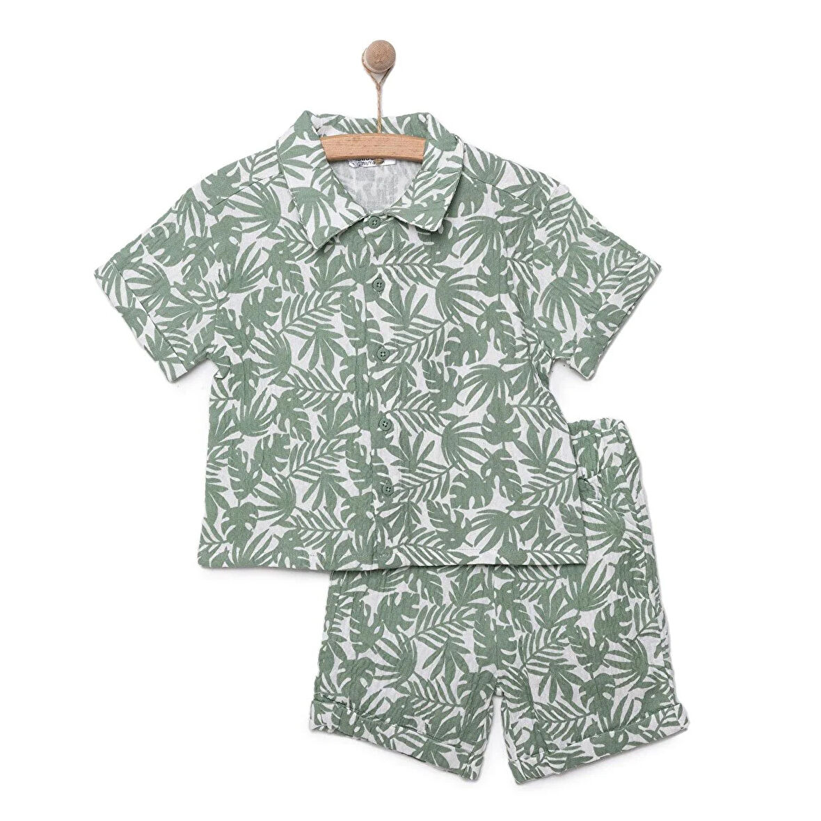 HelloBaby Erkek Bebek Gömlek-Şort 2li Takım Müslin Tropic Summer Modelli Yaka Reçme Paça Kısa Kol Ekru