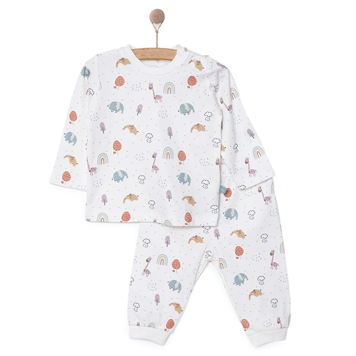 Pambuliq Erkek Bebek Pijama Takımı İnterlok Bisiklet Yaka Reçme Paça Uzun Kol Beyaz