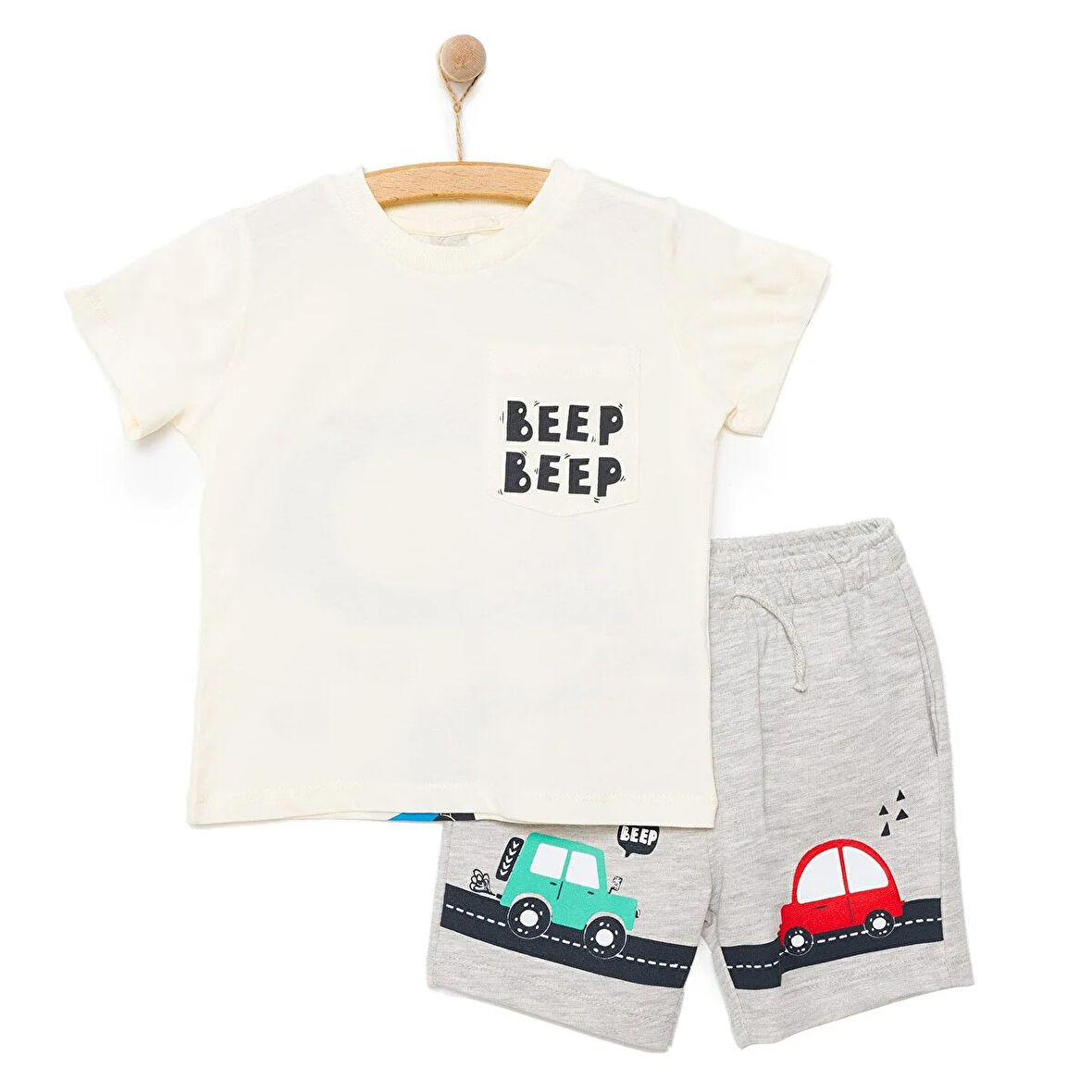 HelloBaby Erkek Bebek Tişört-Şort 2li Takım Cars&Roads Bisiklet Yaka Reçme Paça Kısa Kol Ekru