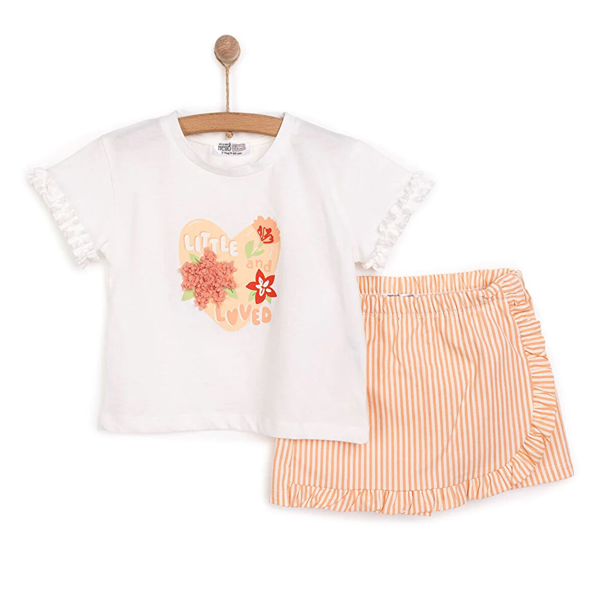 HelloBaby Kız Bebek Tişört-Şort 2li Takım Sweet Peach Bisiklet Yaka Reçme Paça Kısa Kol Ekru
