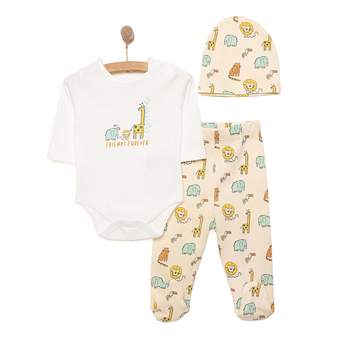 HelloBaby Hayvanlar Baskılı Yenidoğan Erkek Body-Patikli Alt-Şapka Erkek Bebek