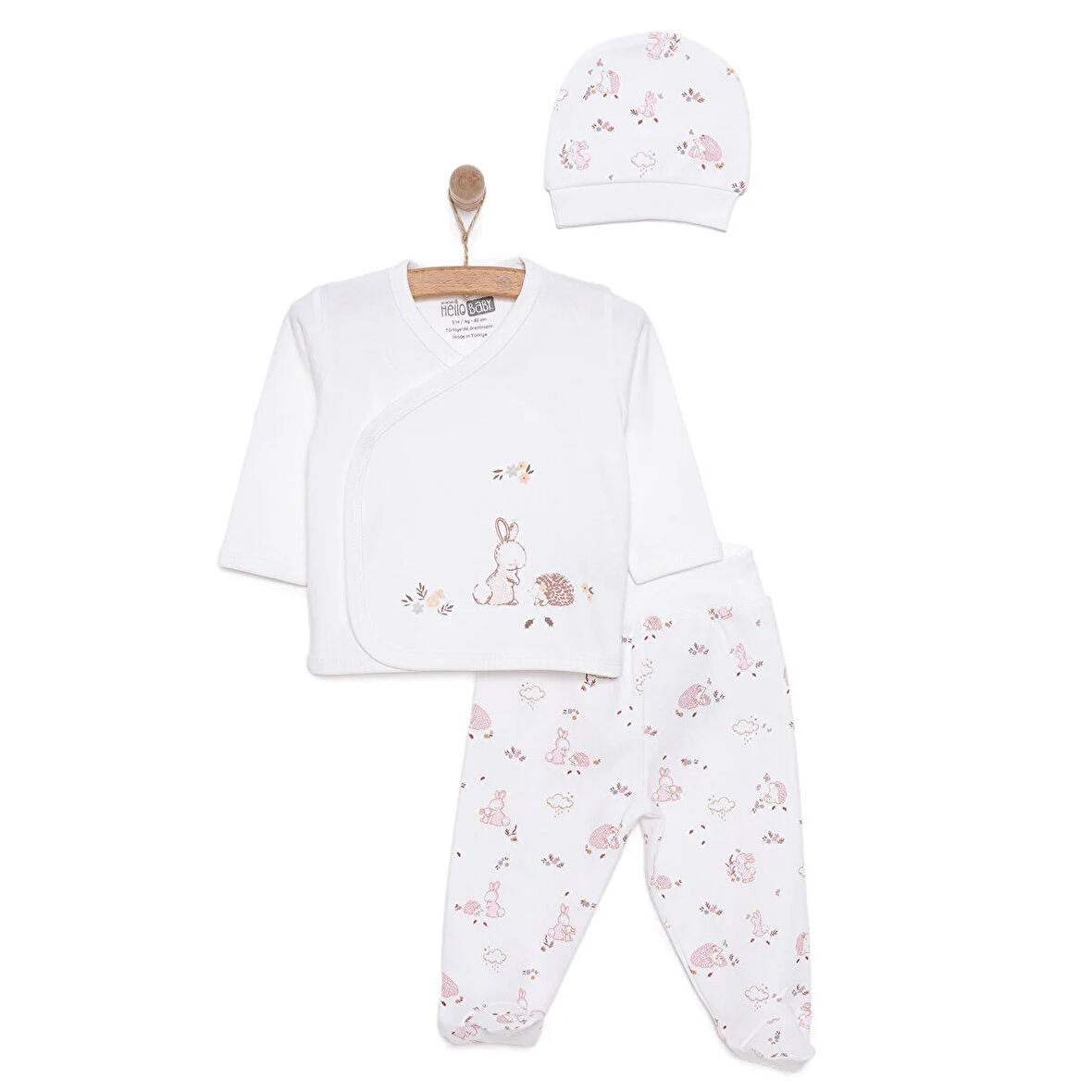 HelloBaby Yenidoğan Kız Bebek Zıbın-Bere-Patikli Alt 3lü Takım İnterlok Sevimli Tavşan-Kirpi Desenli Çıtçıtlı Yaka Uzun Kol Ekru