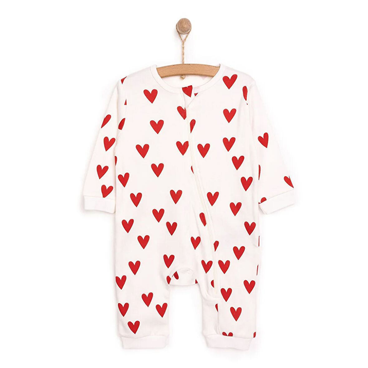 HelloBaby Kız  Kırmızı Kalp Desenli  Fermuarlı Patiksiz Tulum Kız Bebek