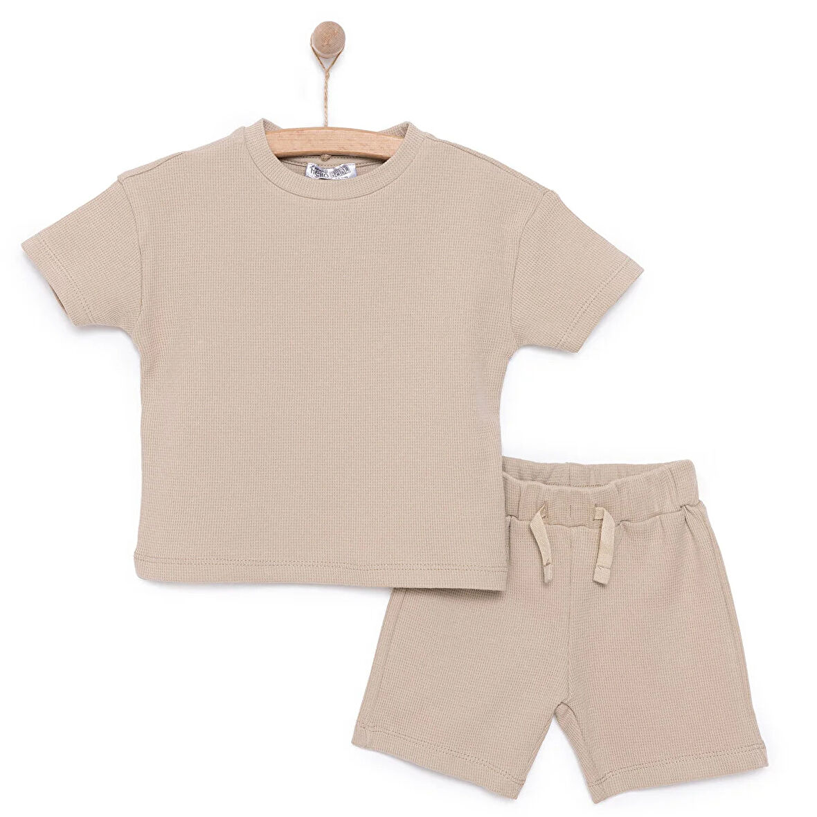 HelloBaby Erkek Bebek Basic Tişört-Şort 2li Takım Bisiklet Yaka Reçme Paça Kısa Kol Bej