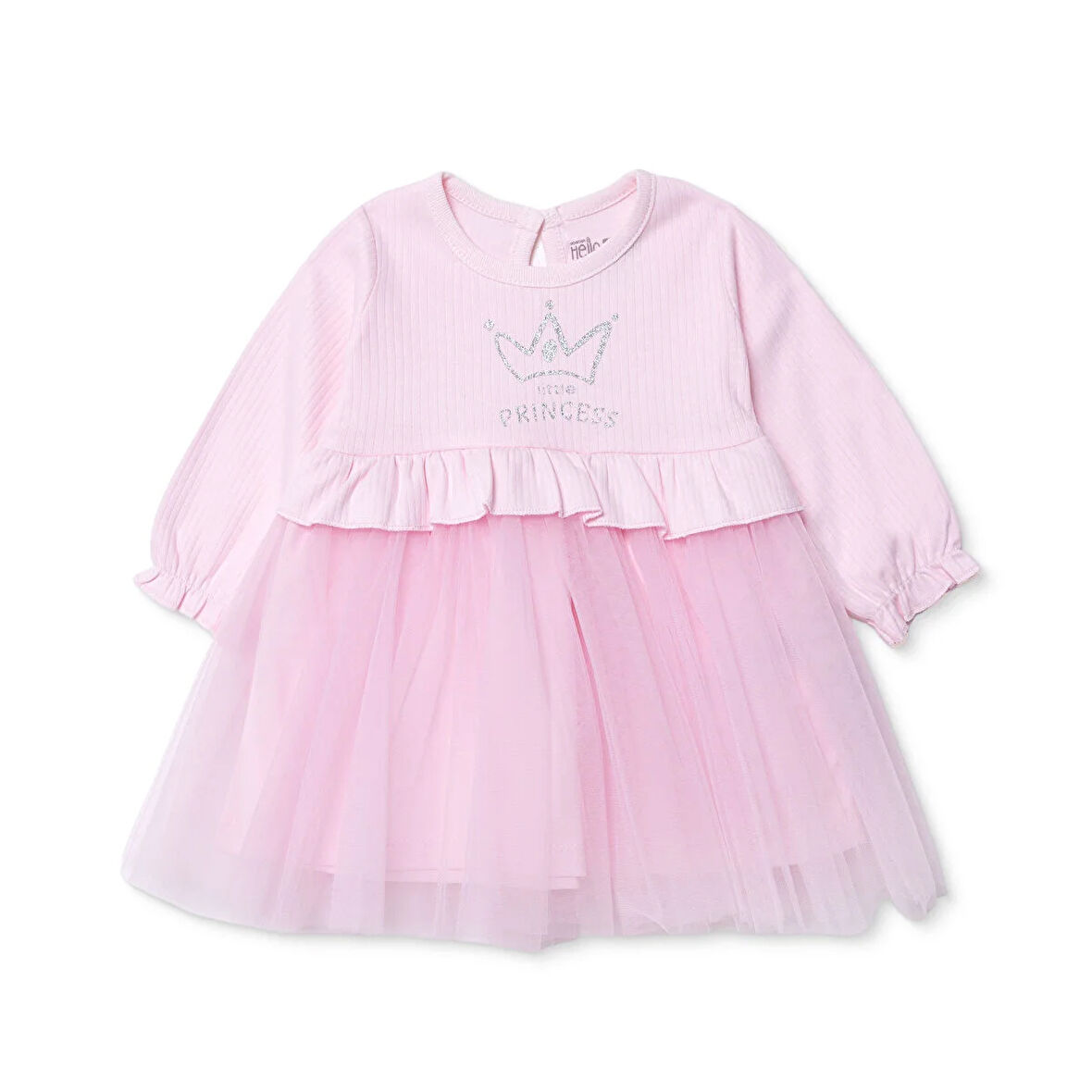 HelloBaby Kız Bebek Elbise Düğmeli Bisiklet Yaka Uzun Kol Reçme