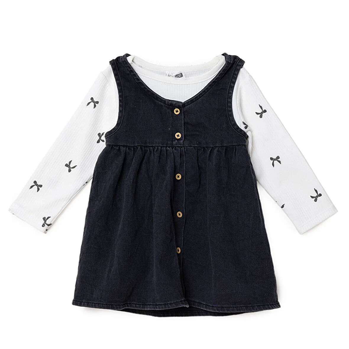 HelloBaby Kız Bebek Monochrome Elbise Tshirt Düğmeli Denim Atlet Kol