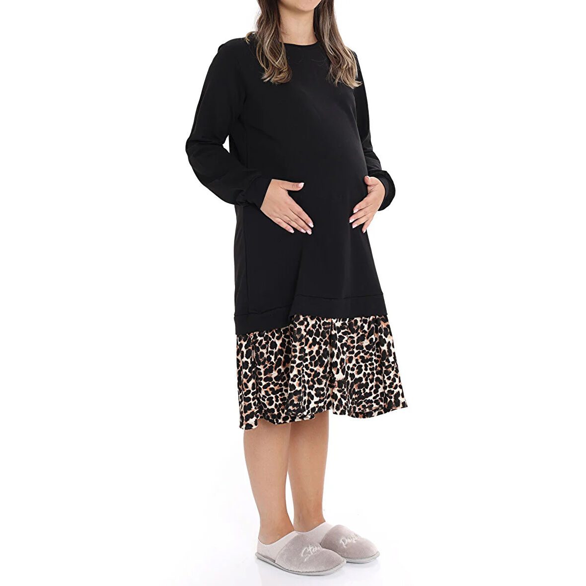 baby mom Anne Hamile Elbise Bisiklet Yaka Uzun Kol Reçme Paça