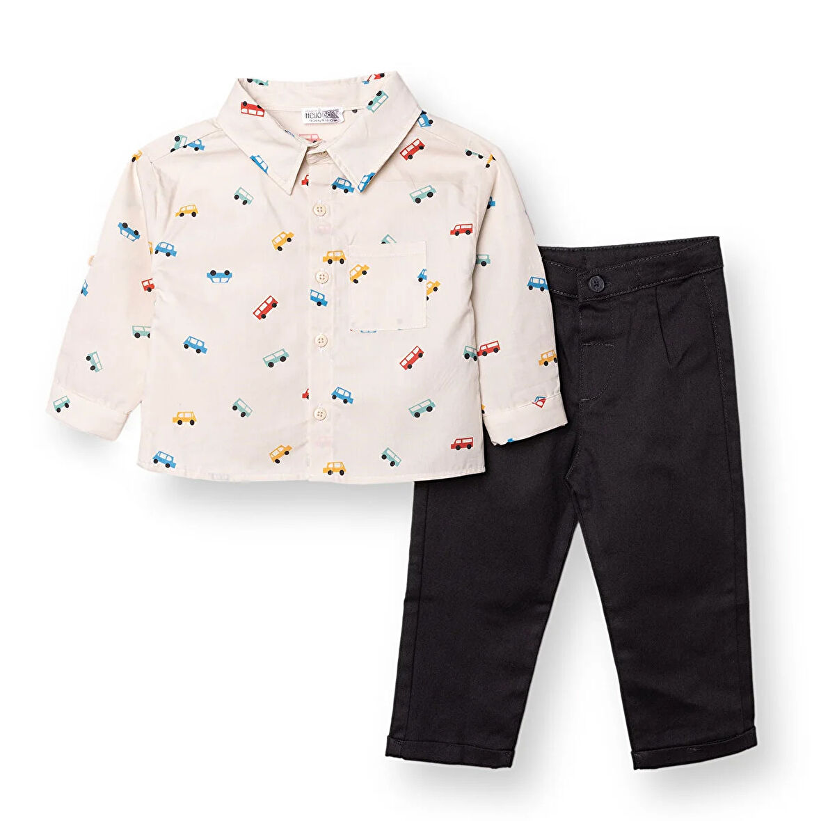 HelloBaby Erkek Bebek Gömlek-Pantolon Poplin Gömlek Yaka Uzun Kol Reçme Paça