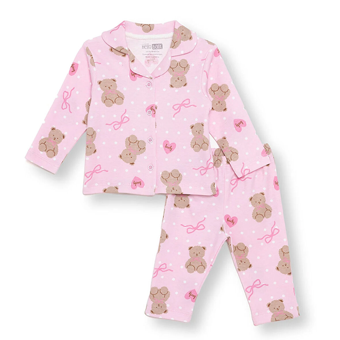 HelloBaby Kız Bebek Uzun Kol Pijama Takımı İnterlok Düğmeli Bebe Yaka Reçme Paça