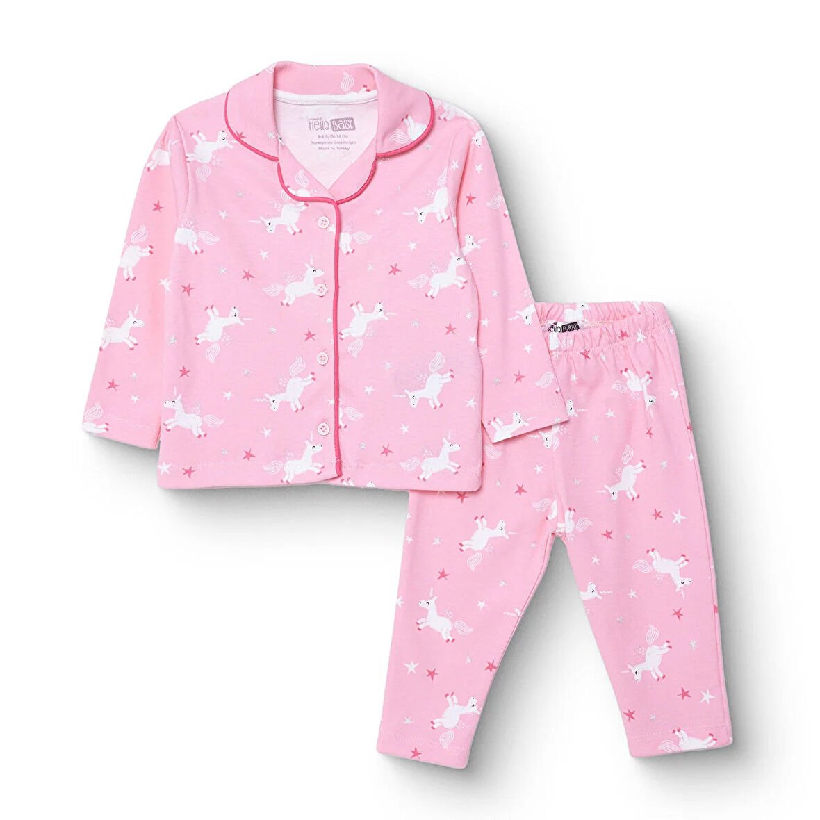 HelloBaby Kız Bebek Uzun Kol Pijama Takımı İnterlok Gömlek Yaka Uzun Kol Reçme Paça