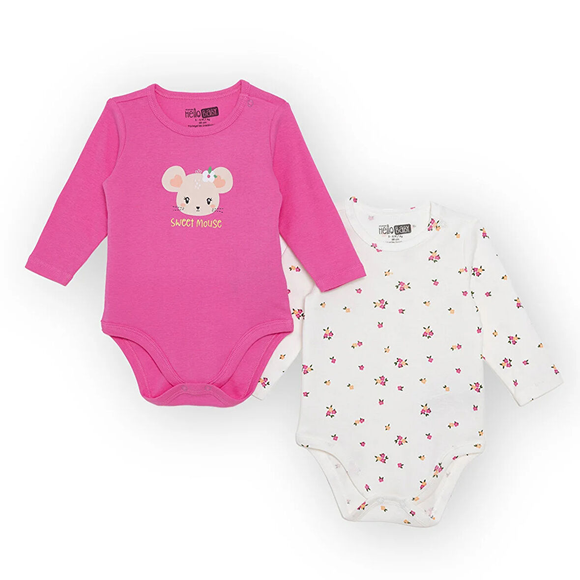 HelloBaby Kız Bebek 2li Uzun Kol Body Ribana Çıtçıtlı Yaka
