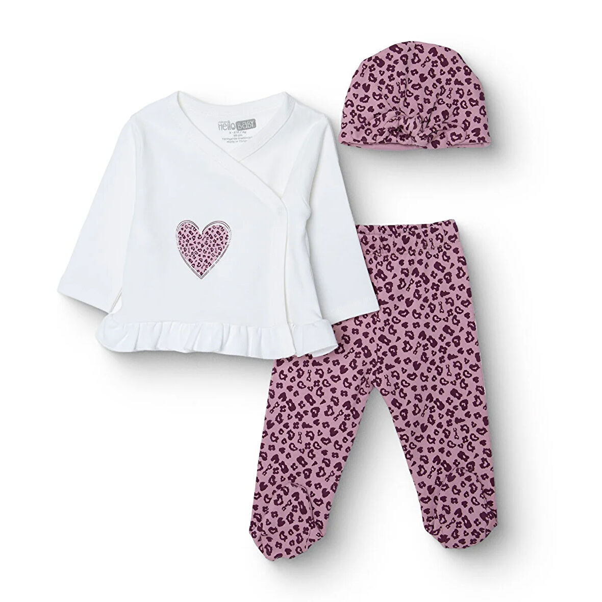 HelloBaby Kız Bebek Yenidoğan Zıbın-Şapka-Patikli İnterlok V Yaka Uzun Kol Patikli Paça