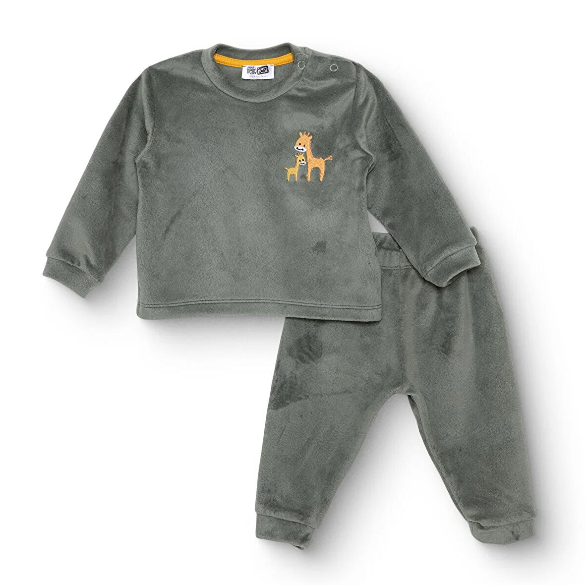 HelloBaby Erkek Bebek Kadife Pijama Takımı Çıtçıtlı Bisiklet Yaka Uzun Kol Ribanalı Paça
