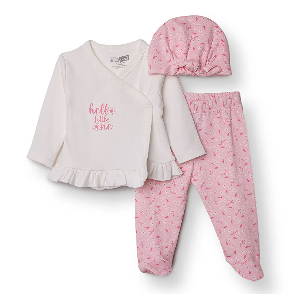 HelloBaby Kız Bebek Yenidoğan Zıbın-Şapka-Patikli Alt İnterlok V Yaka Uzun Kol Patikli Paça