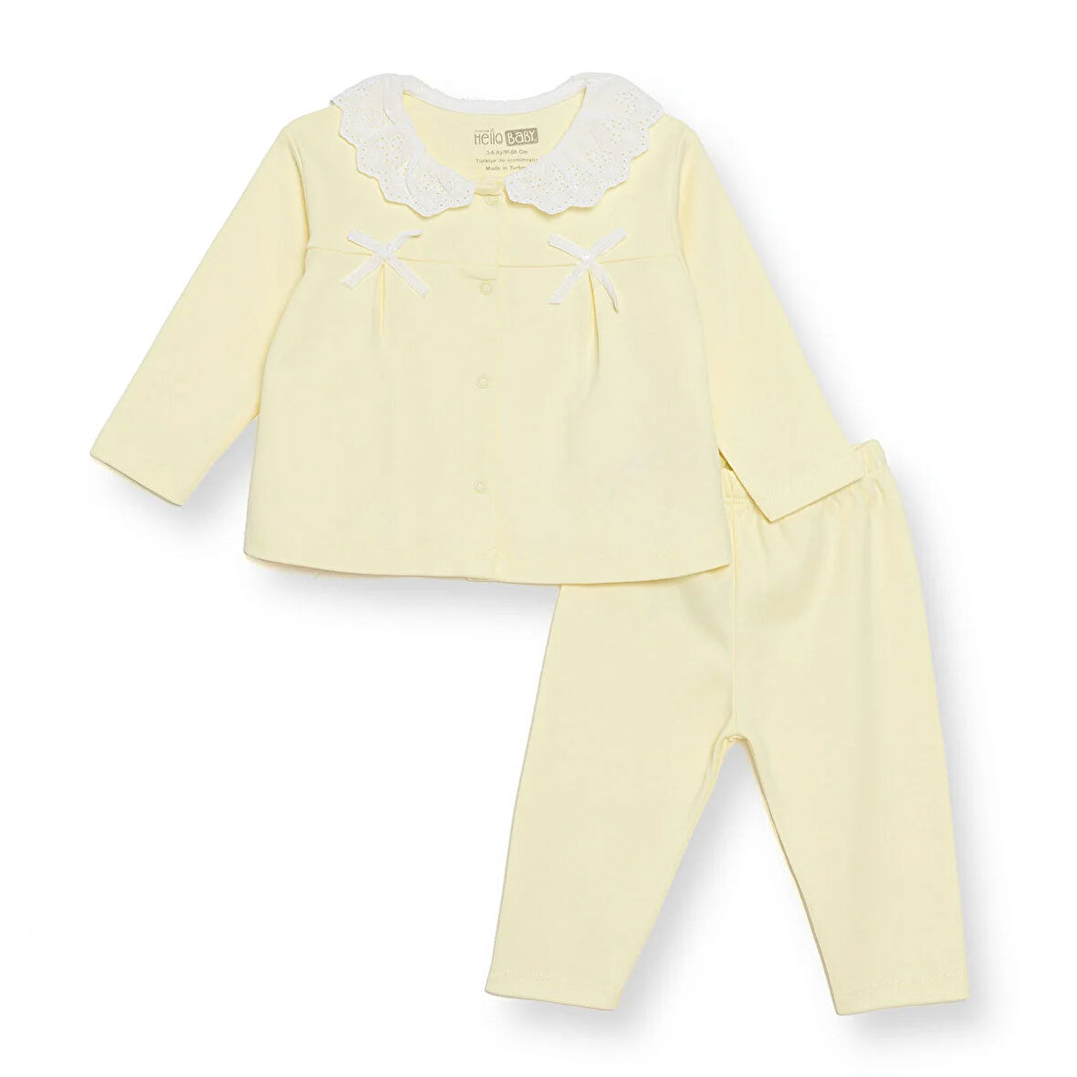 HelloBaby Kız Bebek Uzun Kol Pijama Takımı İnterlok Bebe Yaka Uzun Kol Reçme Paça