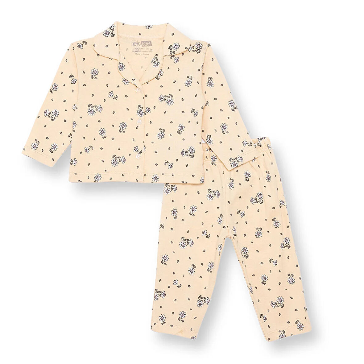 HelloBaby Kız Bebek Uzun Kol Pijama Takımı Düğmeli Bebe Yaka Reçme Paça