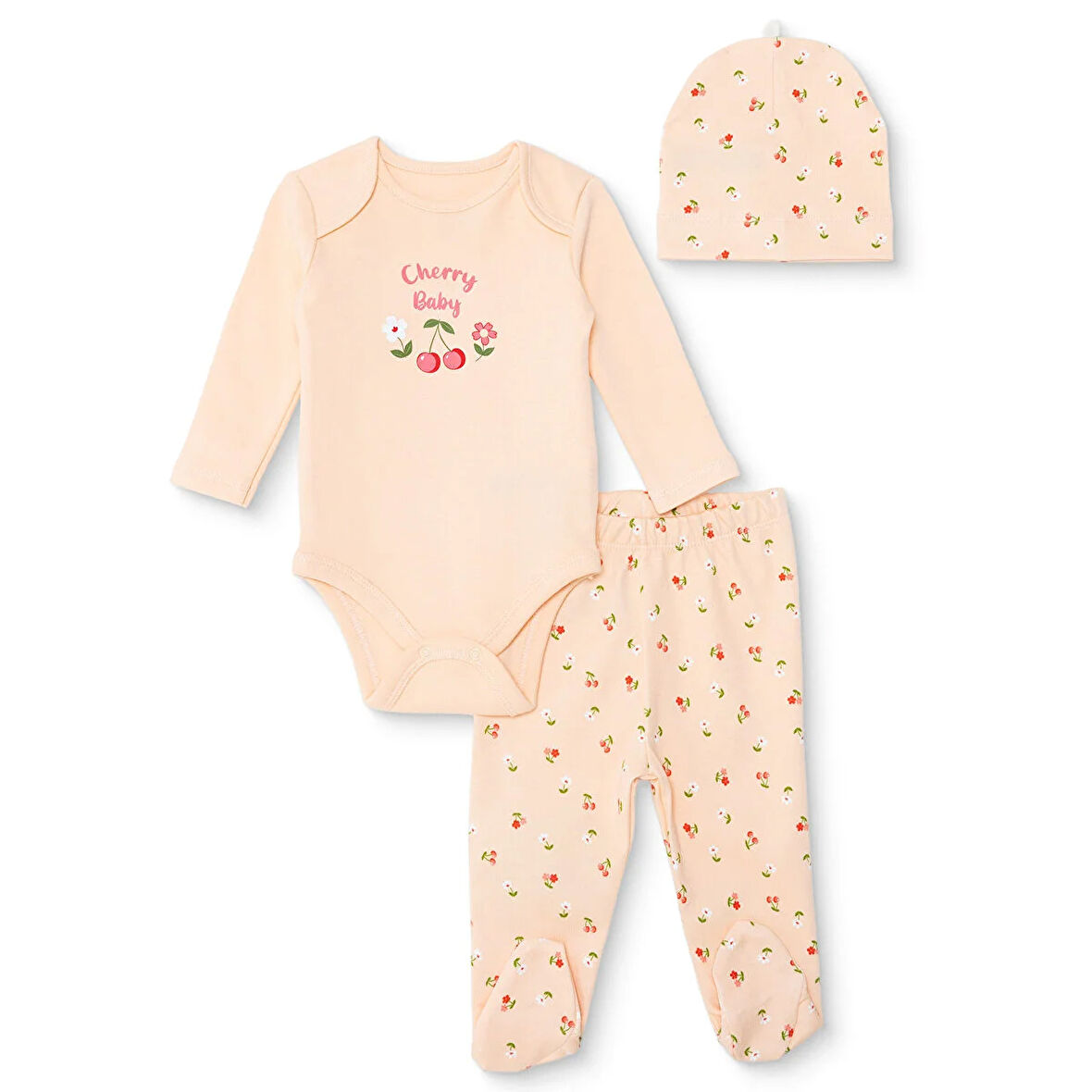 HelloBaby Kız Bebek Yenidoğan Body-Patikli Alt-Şapka İnterlok Bisiklet Yaka Uzun Kol Patikli Paça