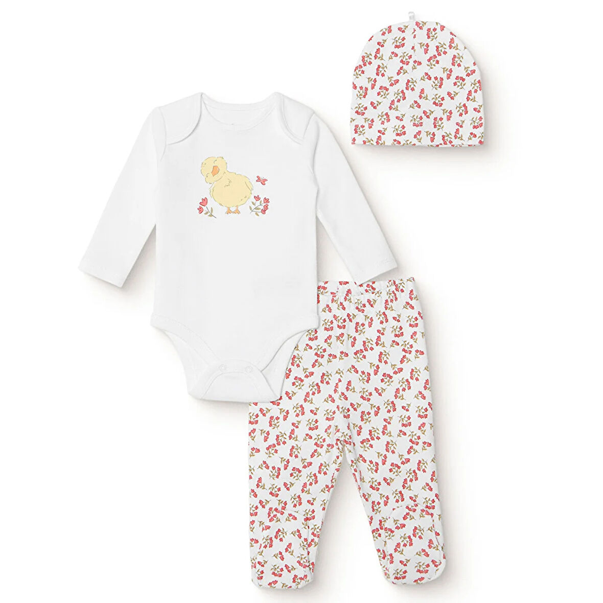 HelloBaby Kız Bebek Body-Patikli Alt-Şapka İnterlok Bisiklet Yaka Uzun Kol Patikli Paça