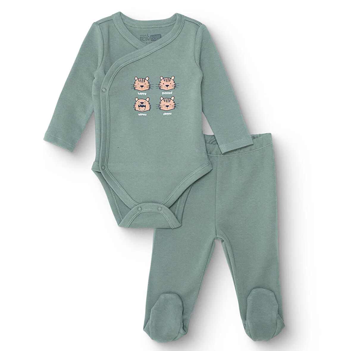 HelloBaby Erkek Bebek Yenidoğan Zıbın Body-Patikli Alt İnterlok Zarf Yaka Uzun Kol Patikli Paça