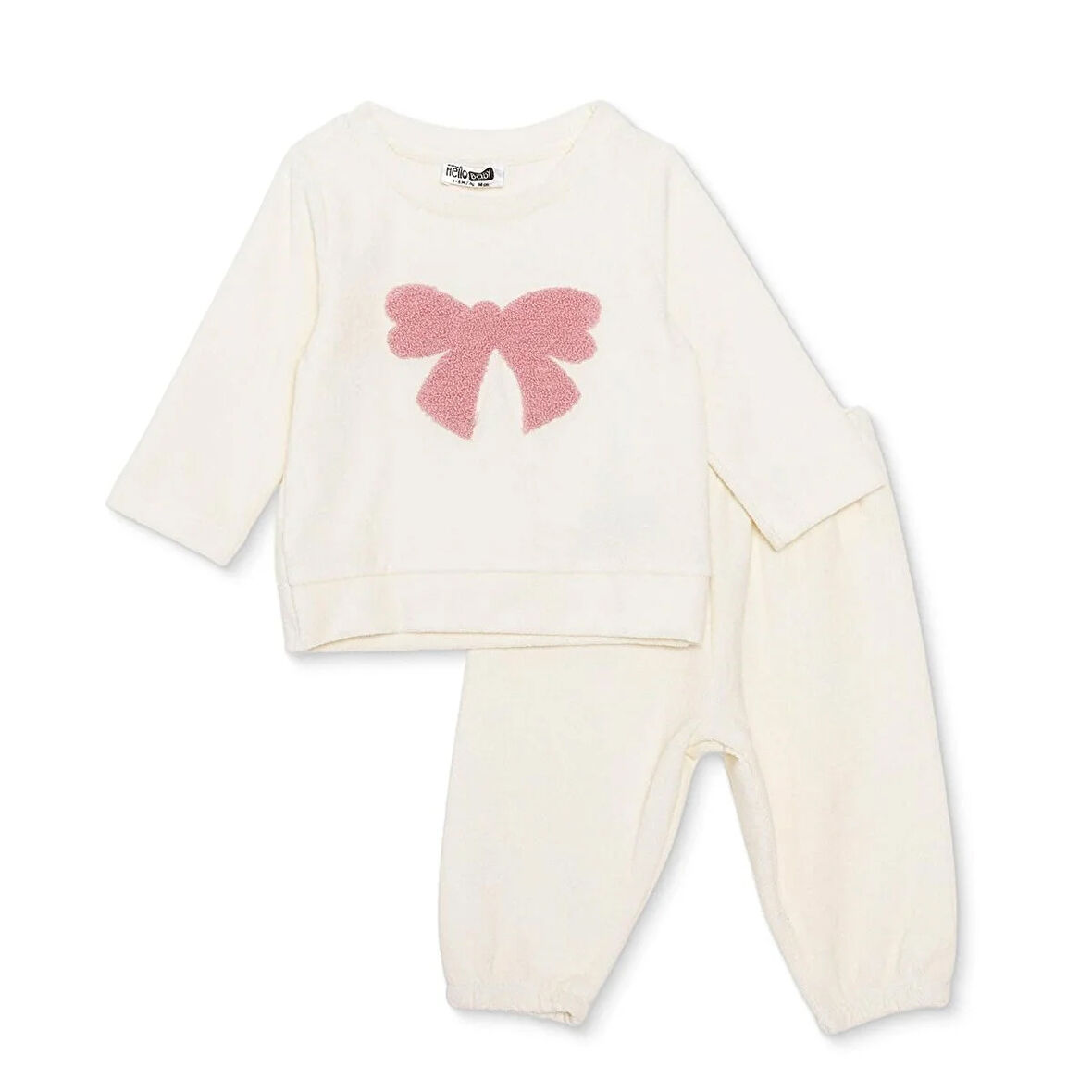 HelloBaby Kız Bebek Kadife Pijama Takımı Bisiklet Yaka Uzun Kol Ribanalı Paça
