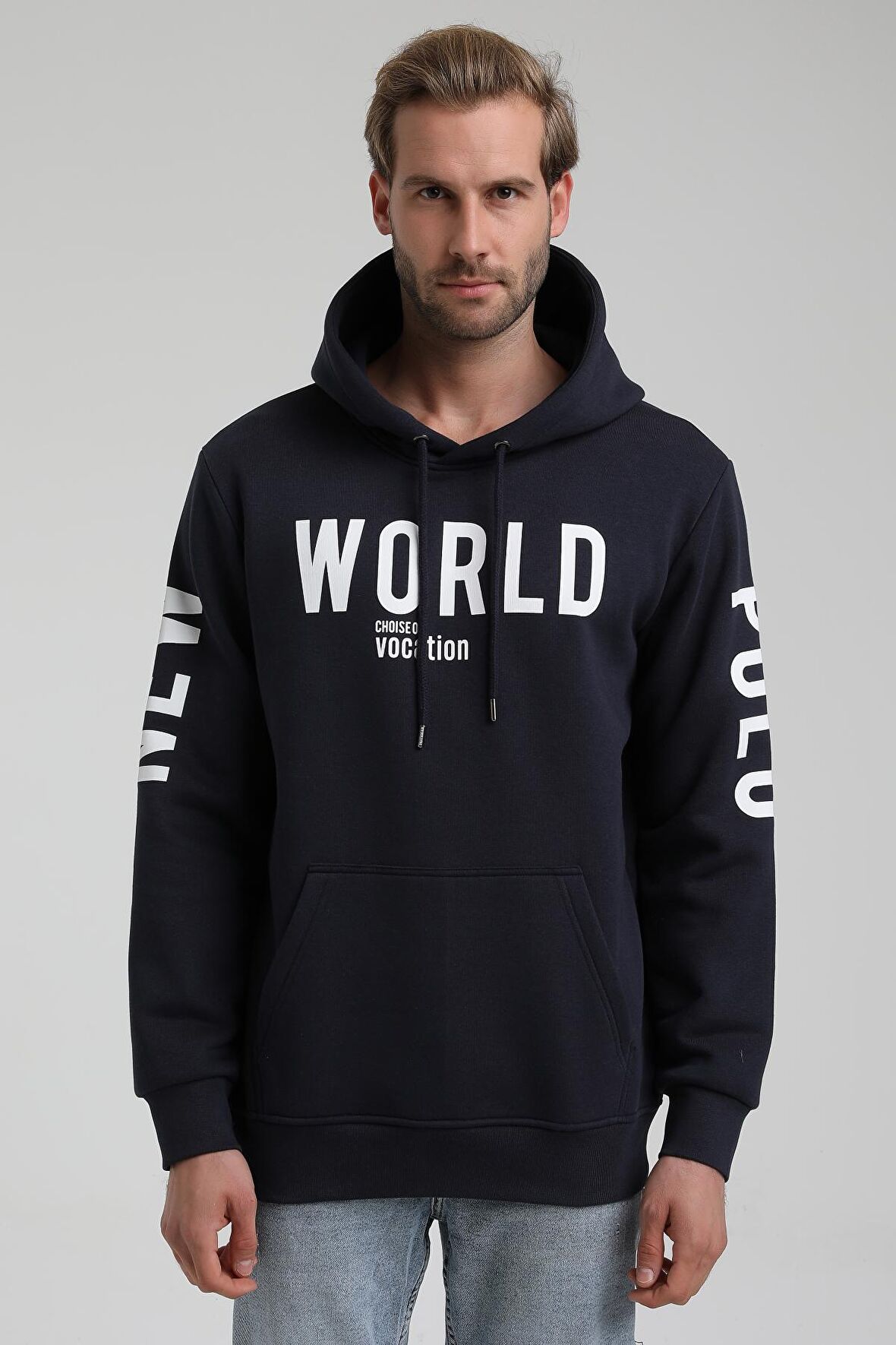 New World Polo Kapüşonlu Lacivert Slim Fit Sweatshirt 22FWM64035