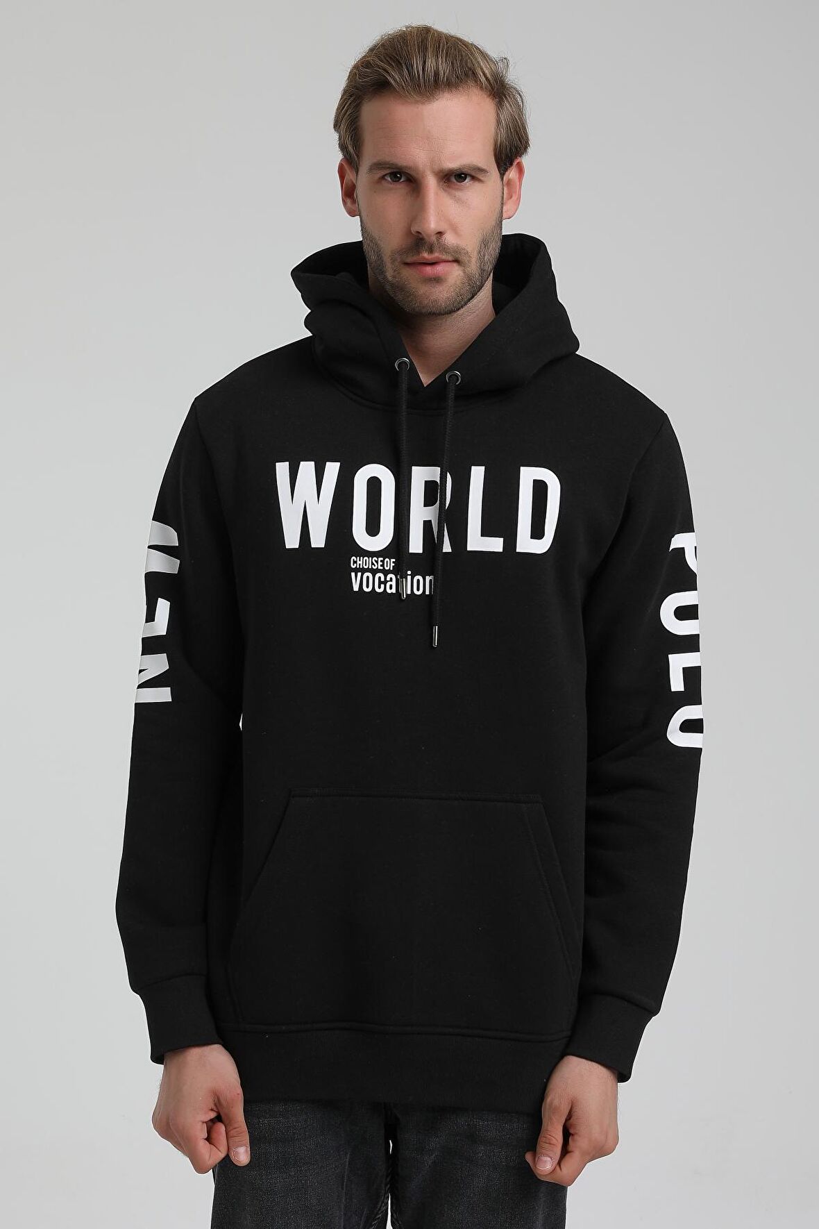 New World Polo Kapüşonlu Siyah Slim Fit Sweatshirt 22FWM64035