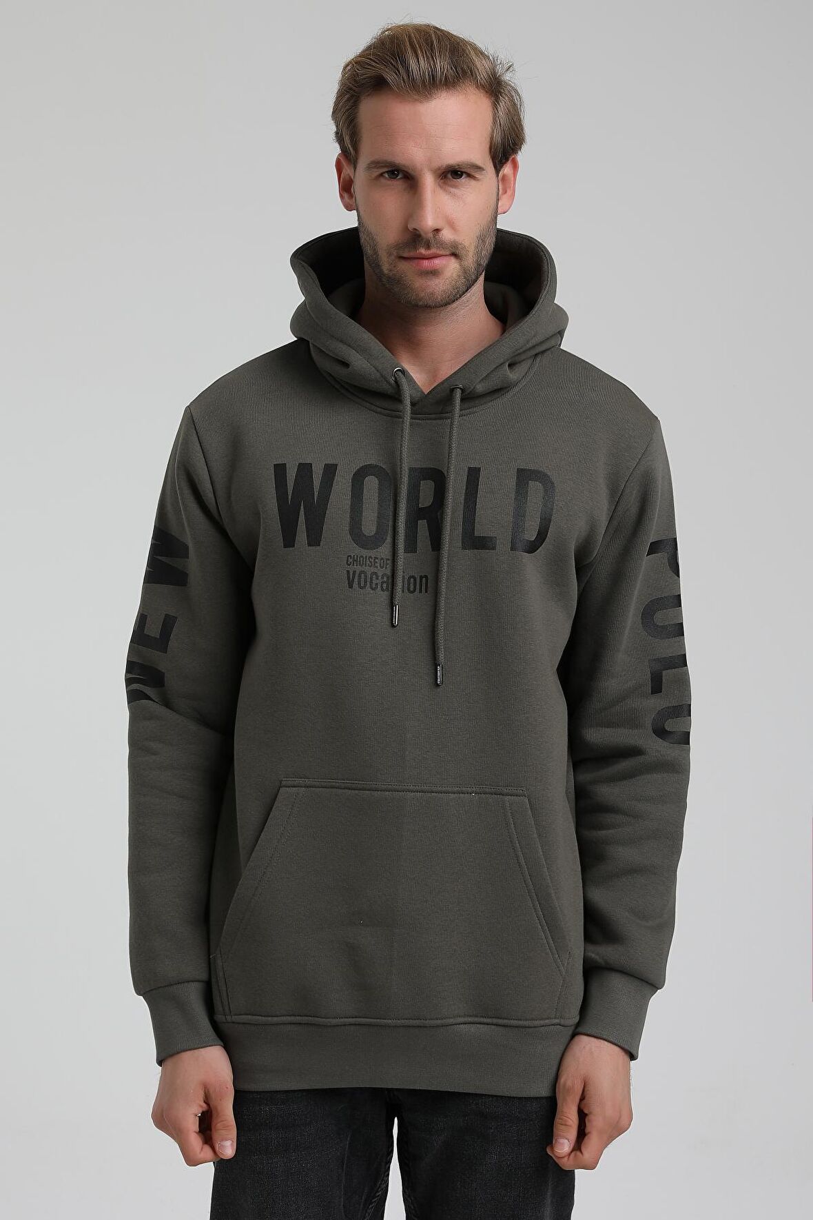New World Polo Kapüşonlu Haki Slim Fit Sweatshirt 22FWM64035