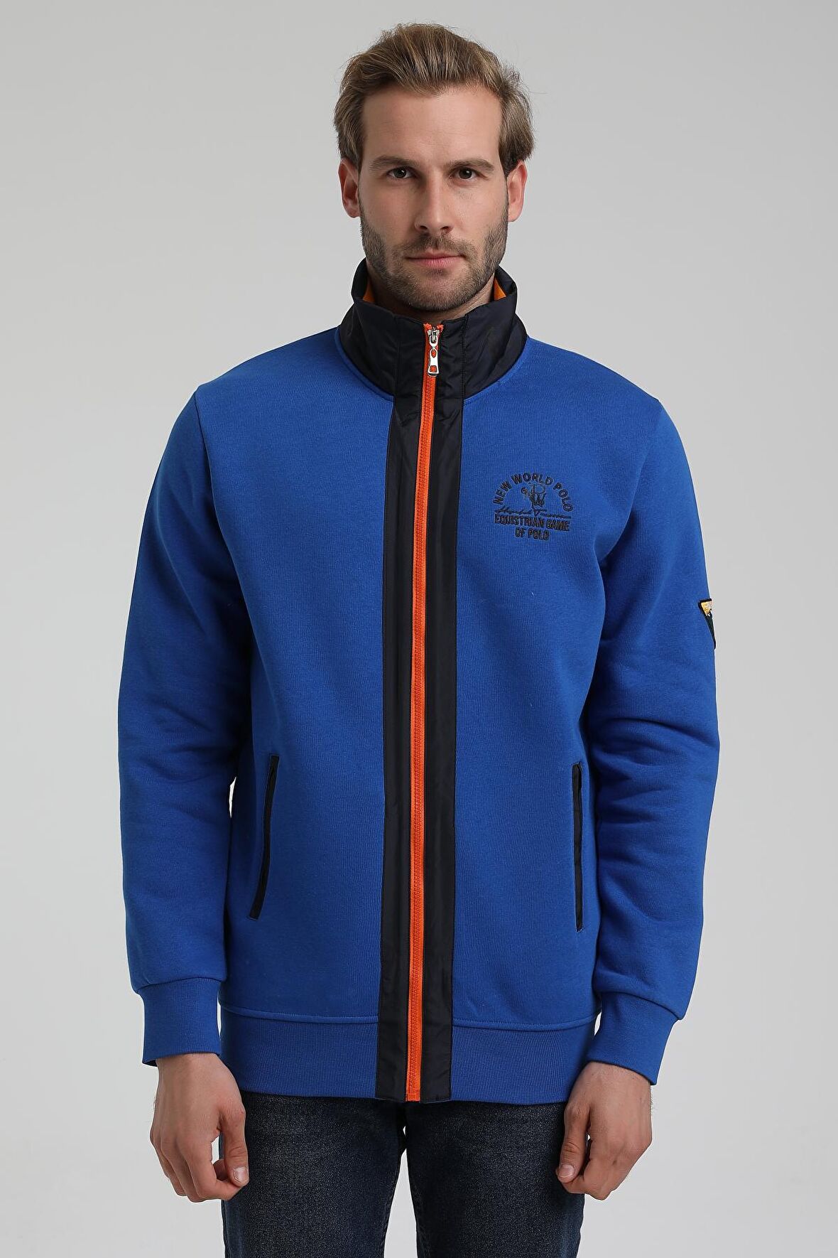 Dik Yaka Saks Slim Fit Fermuarlı Sweatshirt 22FWM64038