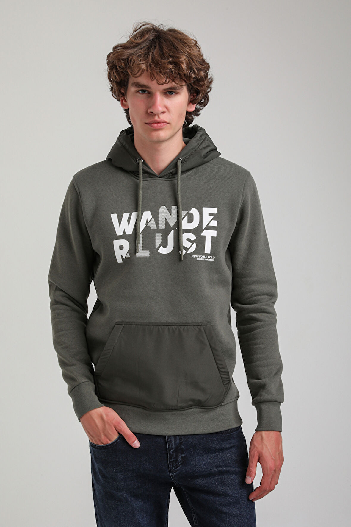 Kapüşonlu Haki Slim Fit Hoodie 23FWM64059