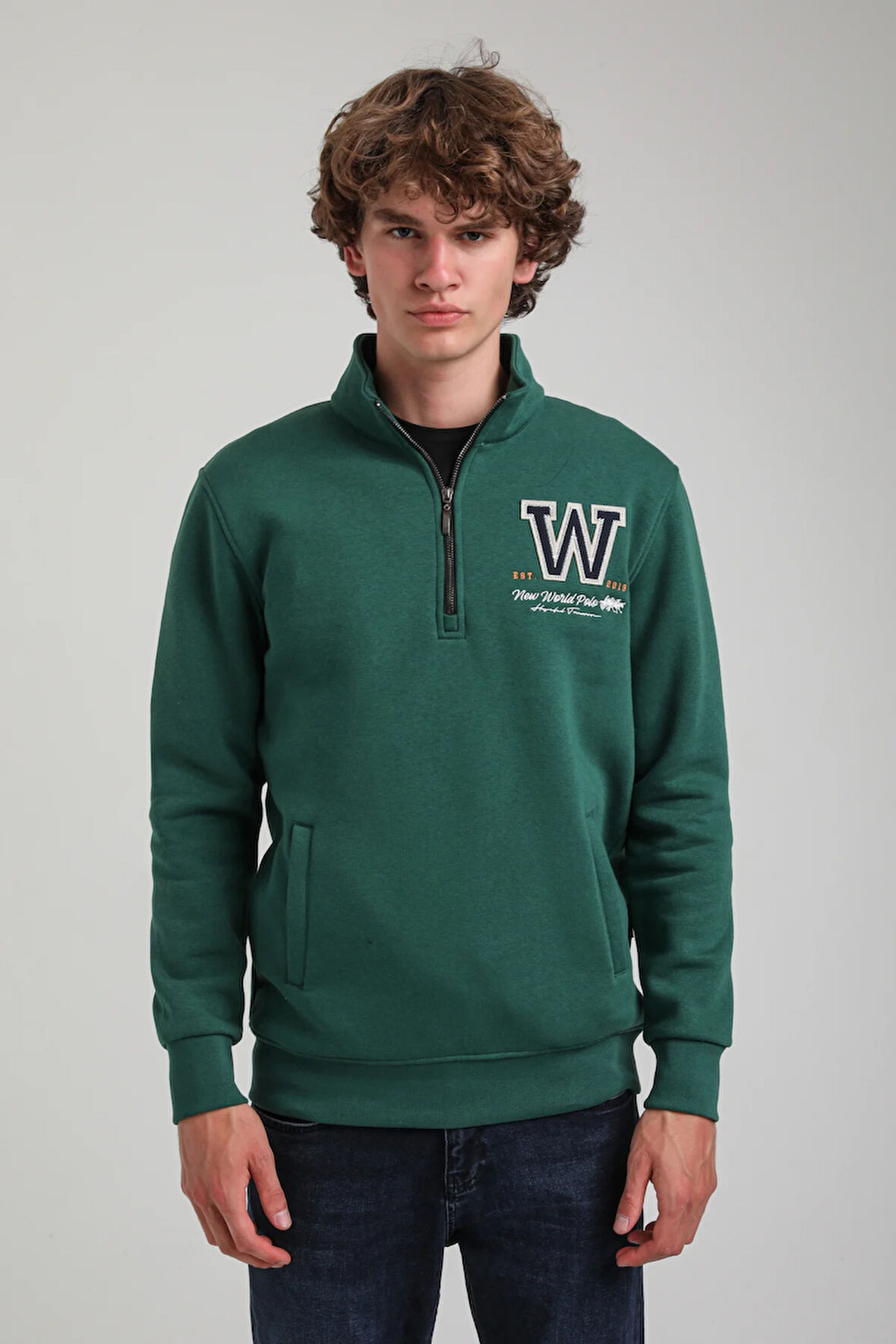 Yeşil Slim Fit Half-Zip Sweatshirt 23FWM64065