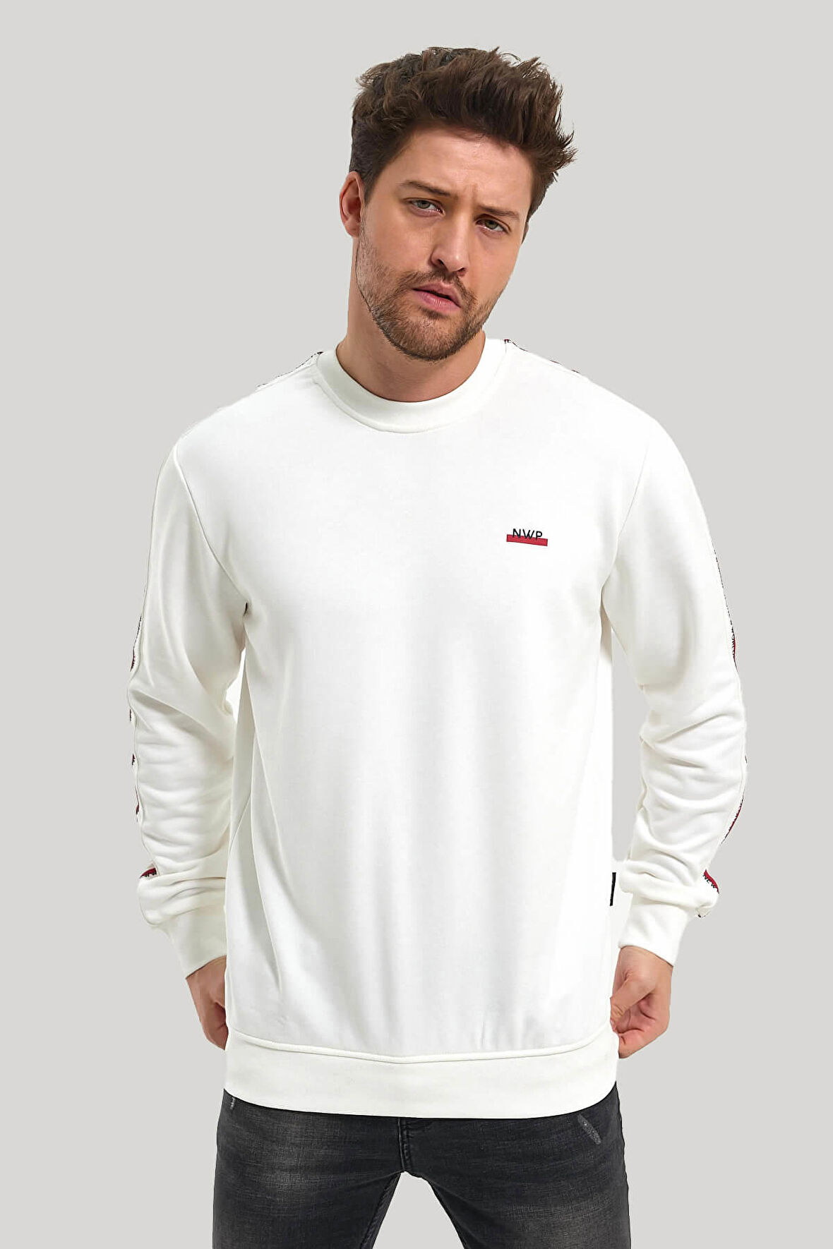 Bisiklet Yaka Ekru Slim Fit Sweatshirt 23FWM60145