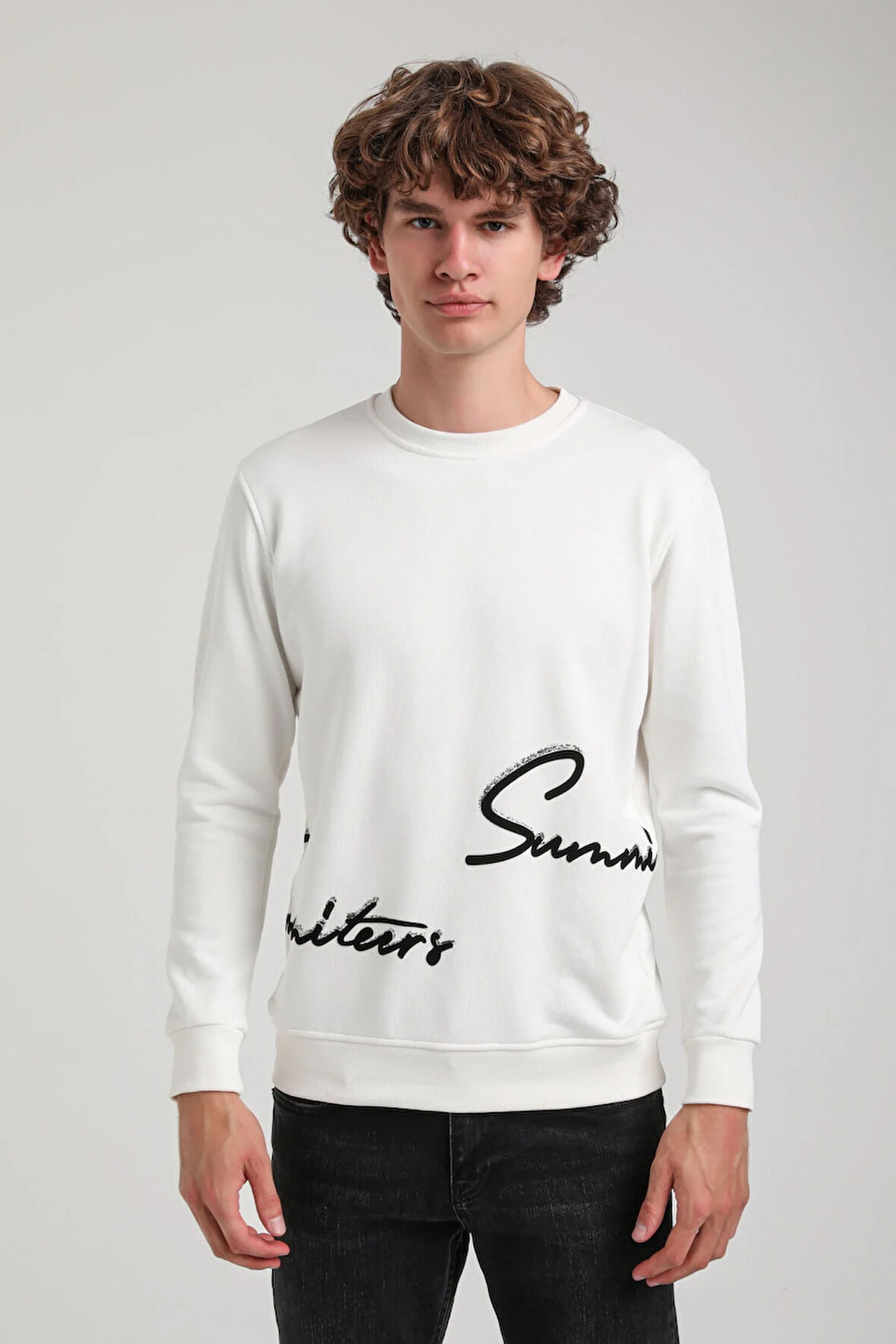 Bisiklet Yaka Ekru Slim Fit Sweatshirt 23FWM60150