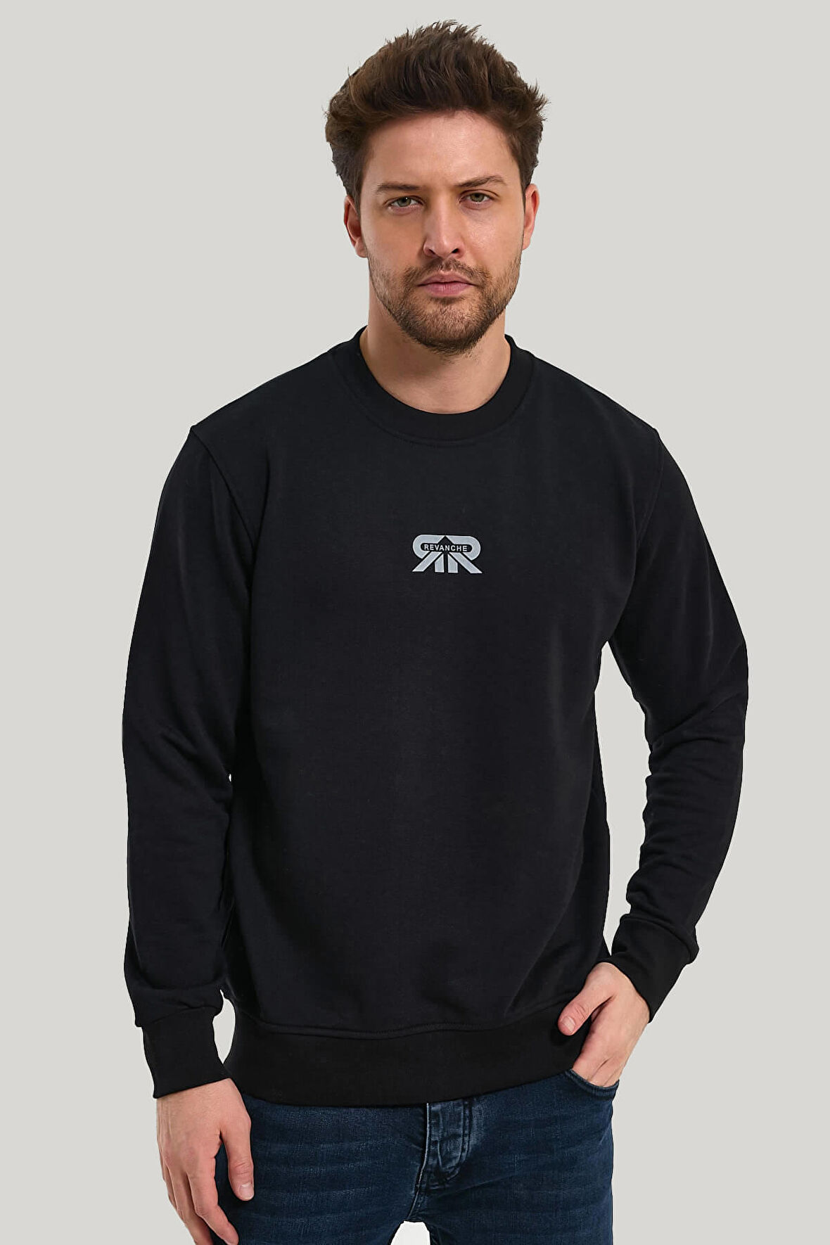 Bisiklet Yaka Siyah Regular Custom Sweatshirt 23FWM60143
