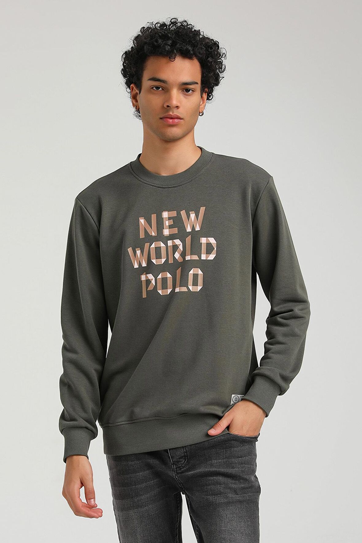 Bisiklet Yaka Haki Slim Fit Sweatshirt 23FWM60161