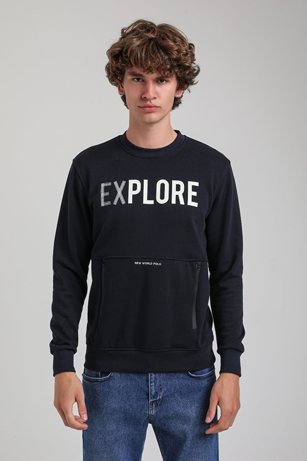 Bisiklet Yaka Lacivert Slim Fit Sweatshirt 23FWM60165