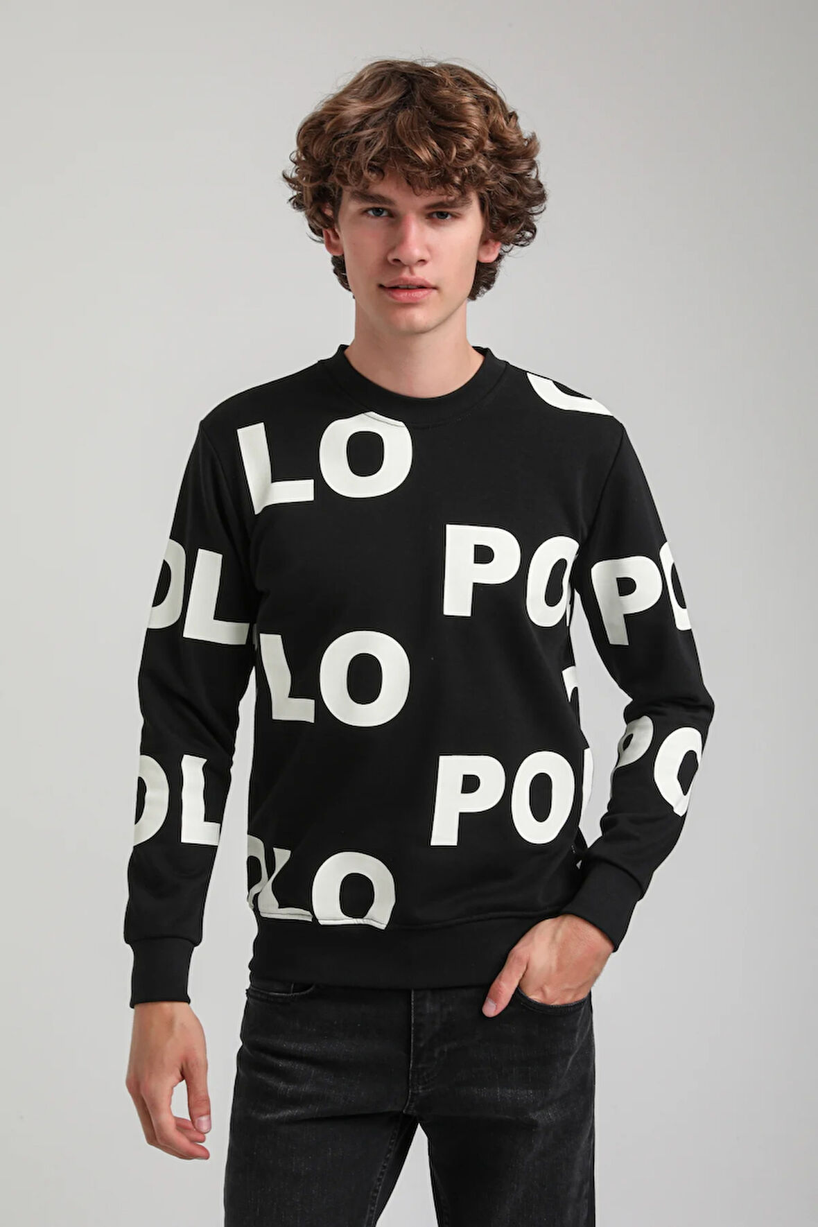 Bisiklet Yaka Siyah Slim Fit Sweatshirt 23FWM60169