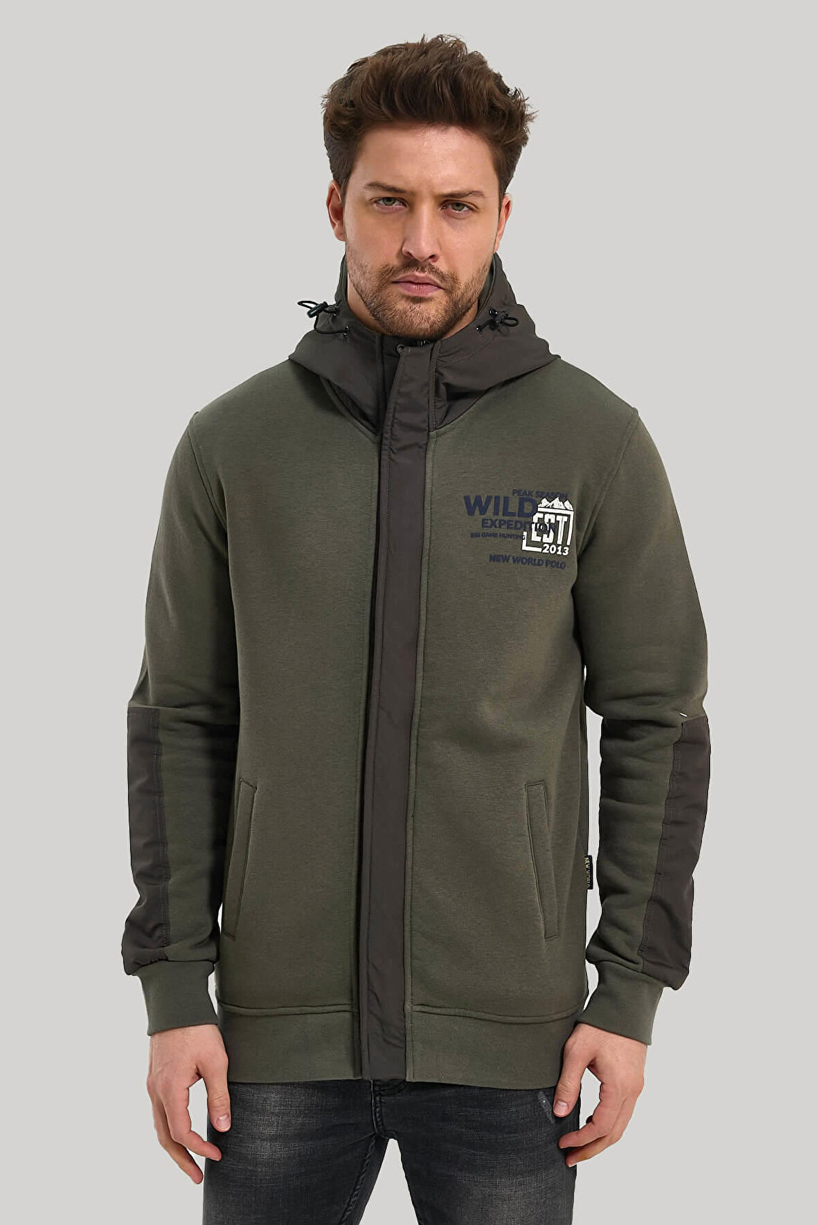 Kapüşonlu Haki Slim Fit Full-Zip Sweatshirt 23FWM64067