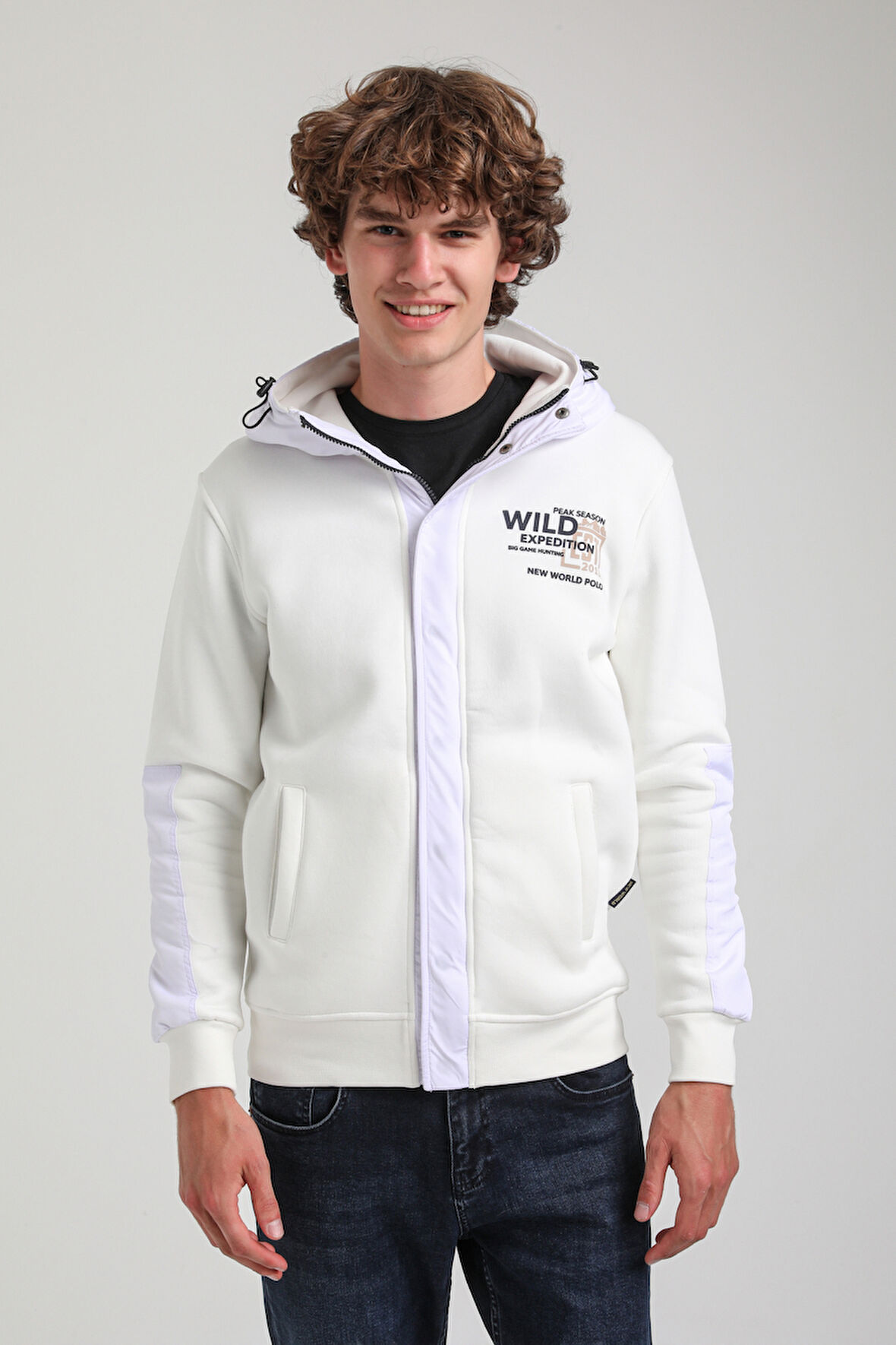 Kapüşonlu Ekru Slim Fit Full-Zip Sweatshirt 23FWM64067