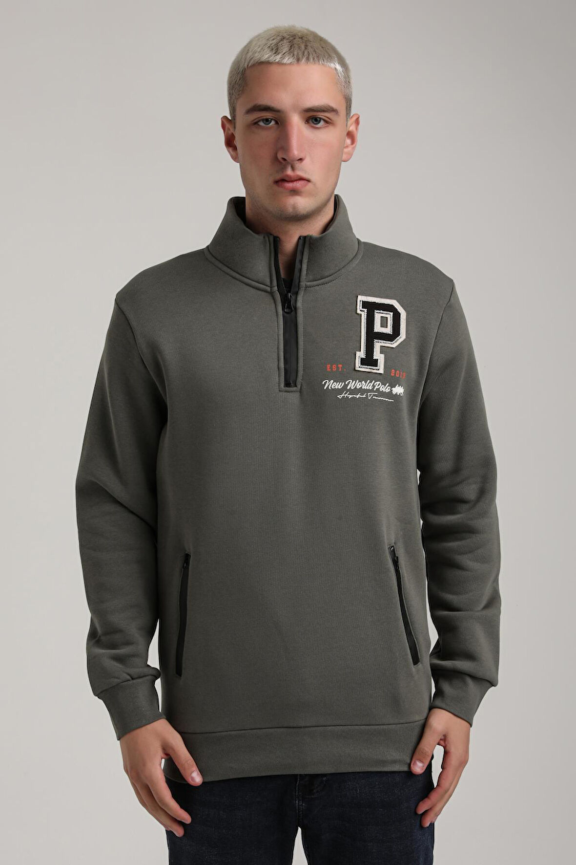 Dik Yaka Haki Slim Fit Full-Zip Sweatshirt 24FWM64075