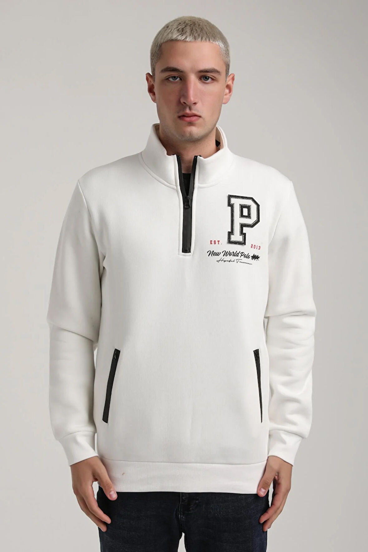 Dik Yaka Ekru Slim Fit Full-Zip Sweatshirt 24FWM64075