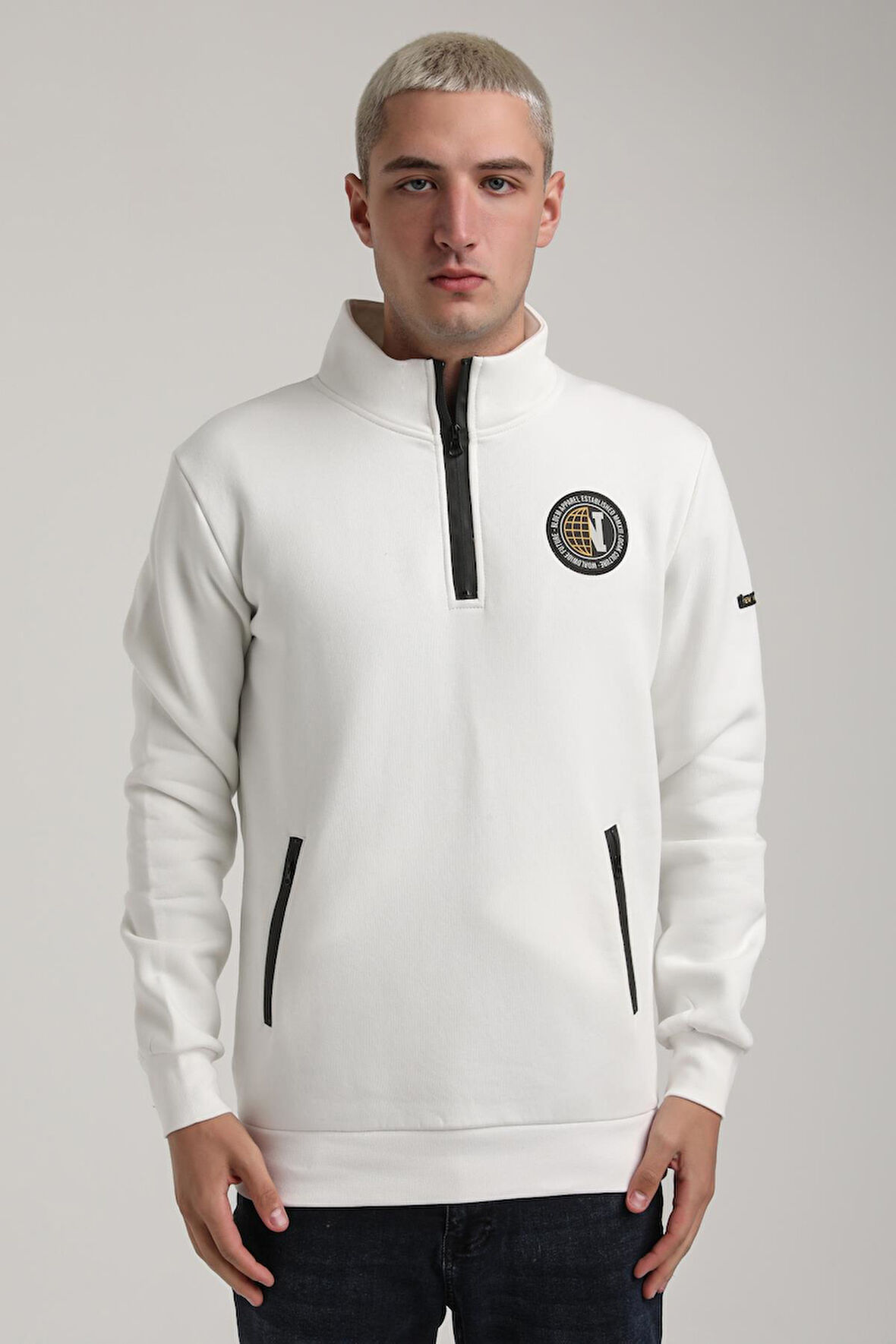 Dik Yaka Ekru Slim Fit Full-Zip Sweatshirt 24FWM64083