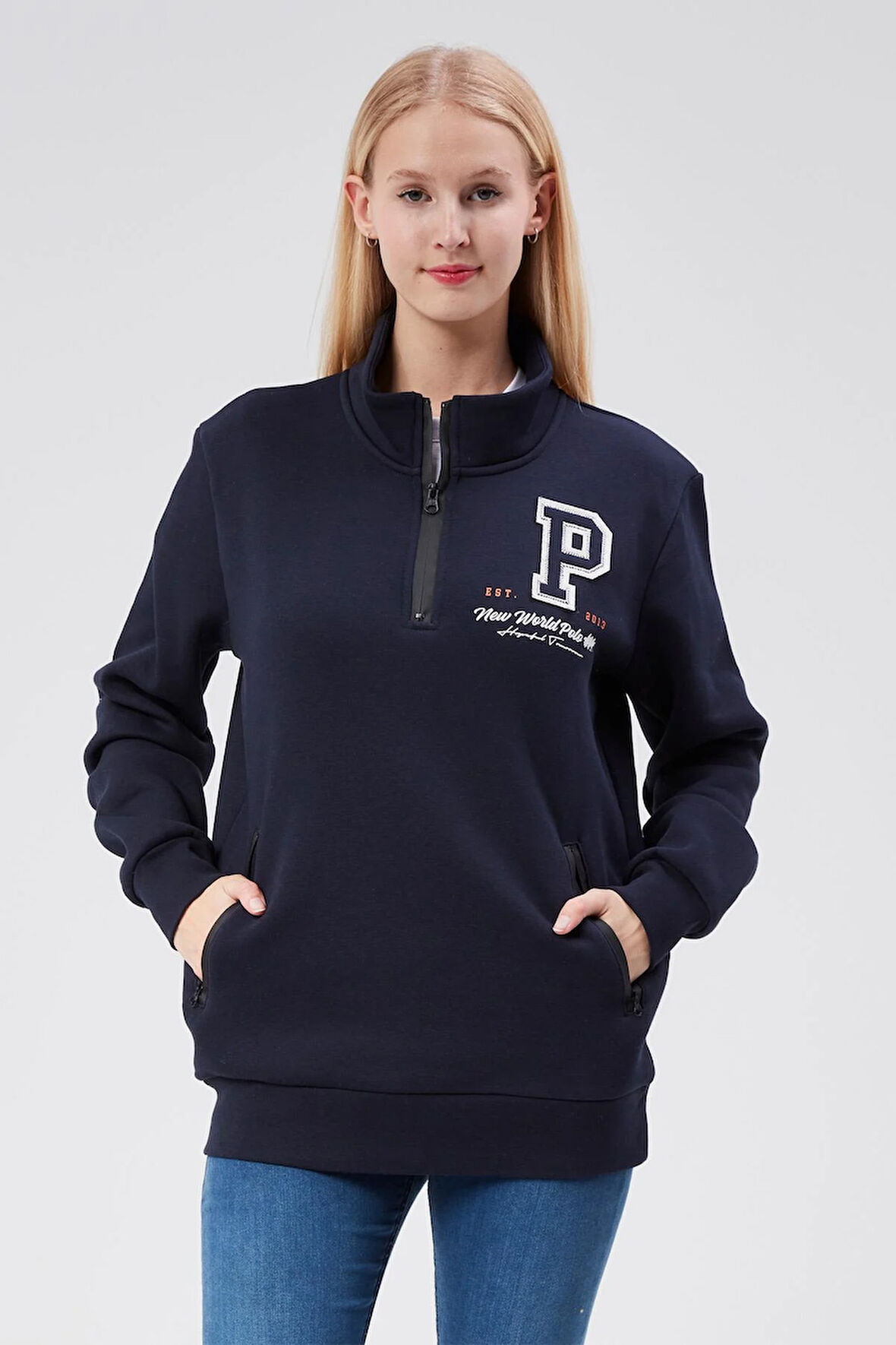 Dik Yaka Kadın Lacivert Slim Fit Sweatshirt 24FWW64075